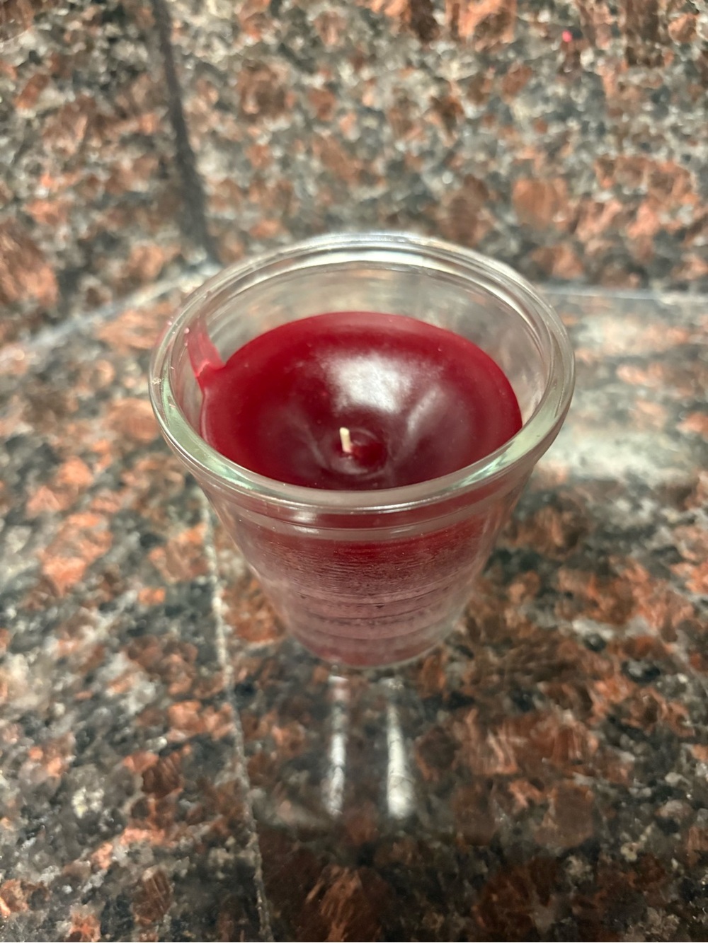 Handmade by me upcycled Red candle in a glass holder, scent is sweet cherry